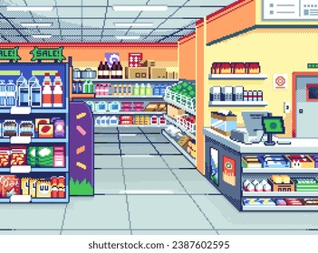 Fondo de supermercado de ilustración de arte de píxeles. Pixelado dentro de la tienda. Inside Supermarket Store pixelado para el juego de arte de píxeles e icono para el sitio web y el videojuego. retro de la vieja escuela.