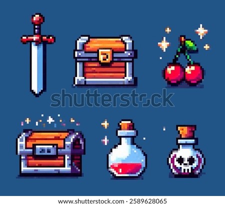 Pixel art illustration with a sword, chest, cherries, and potion bottles on a blue background, evoking a retro gaming and fantasy adventure feel.