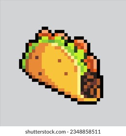 Ilustración de arte de Pixel Taco. Taco Pixelado. Icono de comida taco mexicano pixelado
para el juego de arte píxel e icono para el sitio web y el juego de vídeo. retro de la vieja escuela.
