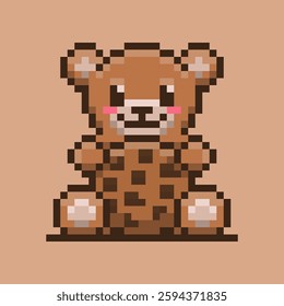 A pixel art illustration of a teddy bear embracing a large chocolate chip cookie. The pixelated style adds a nostalgic and retro feel.