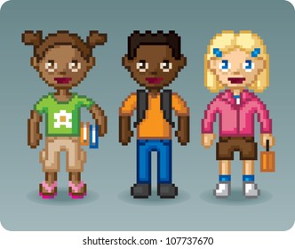 Pixel art illustration of three elementary school students of mixed genders and ethnic backgrounds, one wearing a backpack, one holding books, and one holding a lunchbox.