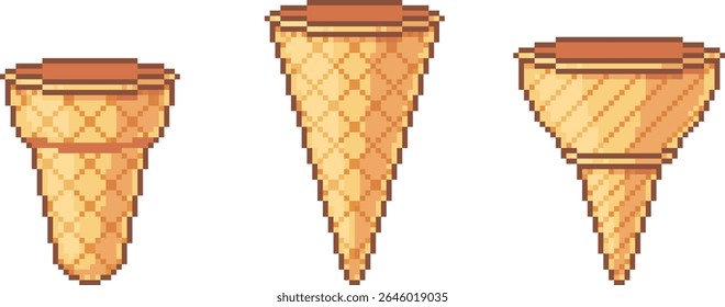 Pixel art illustration of three empty waffle cones for ice cream. Classic cone types in retro pixel style. Vector illustration set.