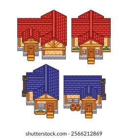 Pixel art illustration of top down house for rpg game assets. House with red and blue roof, chimney