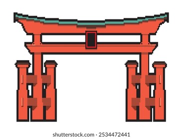 Pixel art illustration of the torii gate of Miyajima Itsukushima Shrine in Japan World Heritage Site, Tourist Attraction White Background Vector Data