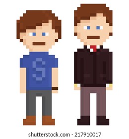pixel art illustration of two men, young and adult