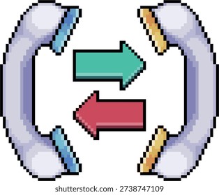 Pixel art illustration of two telephone handsets with incoming and outgoing arrows, 8-bit retro style communication concept isolated on white