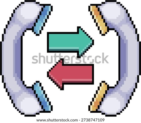 Pixel art illustration of two telephone handsets with incoming and outgoing arrows, 8-bit retro style communication concept isolated on white