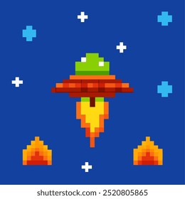 A pixel art illustration of a UFO flying in the sky above