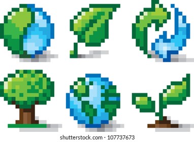 Pixel Art Illustration Of Various Icons Relating To Nature And Environmental Conservation. Isolated On White.