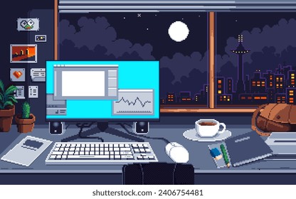 Pixel art illustration Work Desk Background. Pixelated Work Desk. Work Desk office background
pixelated for the pixel art game and icon for website.