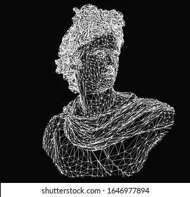 Pixel art ilustration of Apollo Belvedere bust made of polygonal mesh.