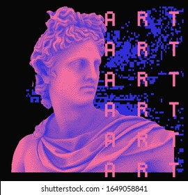 Pixel art ilustration with Dither effect of marble sculpture, Apollo Belvedere bust. Vaporwave and retrowave style collage, postmodern aesthetics of 80's.