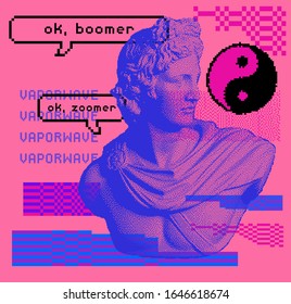 Pixel art ilustration with gypsous or marble sculpture, Apollo Belvedere bust. Vaporwave and retrowave style collage, postmodern aesthetics of 80's.