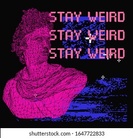 Pixel art ilustration with gypsum or marble sculpture, Apollo Belvedere bust. Vaporwave and retrowave style collage, postmodern aesthetics of 80's.