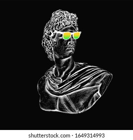 Pixel art ilustration with marble sculpture in sunglasses, Apollo Belvedere bust. Vaporwave and retrowave style collage, postmodern retrofuturistic aesthetics of 80's - 90's.