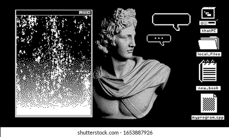 Ilustração de pixel art com escultura em mármore, busto Apollo Belvedere. Colagem estilo Vaporwave e retrowave, estética pós-moderna dos anos 80-90.