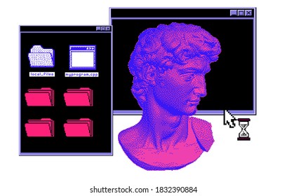 Pixel art ilustration with marble sculpture, David head bust. Vaporwave and retrowave style collage, postmodern aesthetics of 80's-90's.