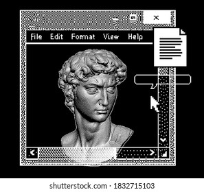 Pixel art ilustration with marble sculpture, David head bust. Vaporwave and retrowave style collage, postmodern aesthetics of 80's-90's.