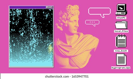 Pixel art ilustration with retro 80's UI and UX elements. Vaporwave and retrowave style collage.