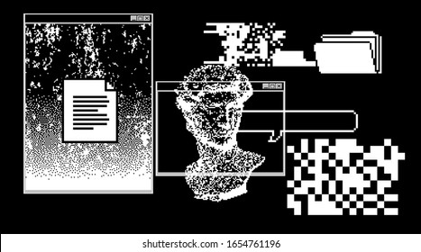Pixel art ilustration with retro 80's UI and UX elements. Vaporwave and retrowave style collage.