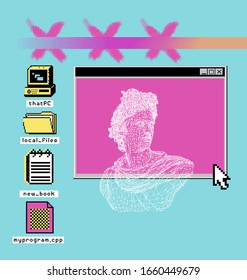 Ilustración de arte de Pixel con elementos de UI retro de los años 80 y estatua de Apollo Belvedere. Collage de estilo vaporwave y retrowave.