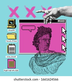 Ilustración de arte de Pixel con elementos de UI retro de los años 80 y estatua de Apollo Belvedere. Collage de estilo vaporwave y retrowave.