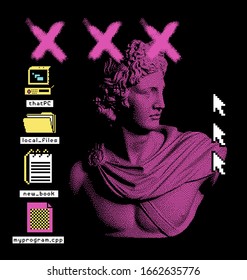 Pixel art ilustration with retro 80's UI elements and statue of Apollo Belvedere. Vaporwave and retrowave style collage.