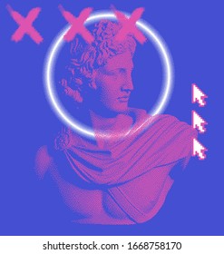 Pixel art ilustration with statue of Apollo Belvedere. Vaporwave and retrowave style collage.