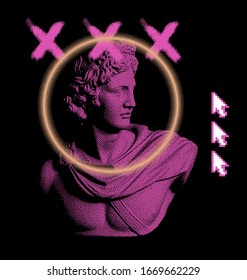 Pixel art ilustration with statue of Apollo Belvedere. Vaporwave and retrowave style collage.