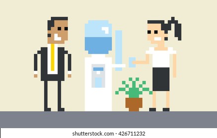 Pixel Art Image Of Businesspeople By Water Cooler In Office