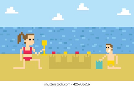 Pixel Art Image Of Children Building Sandcastle On Beach