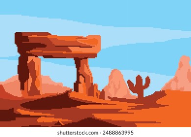 pixel art image of desert, hot atmosphere in the afternoon and there is a shadow of orange cactus tree