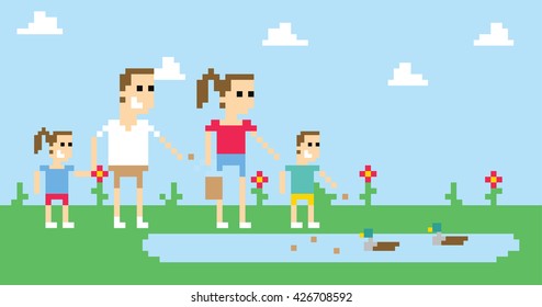 Pixel Art Image Of Family Feeding Ducks In Park