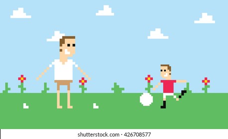 Pixel Art Image Of Family Playing Football In Park