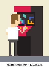 Pixel Art Image Of Gamer Playing On Retro Arcade Machine