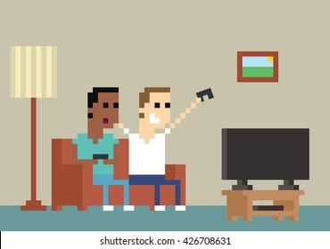 Pixel Art Image Of Gamers Playing Together At Home