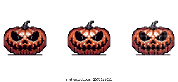 A pixel art image of a Halloween pumpkin with a sinister face and dark eyes and mouth on a white background