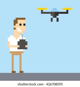 Pixel Art Image Of Man Flying Drone Using Remote Control
