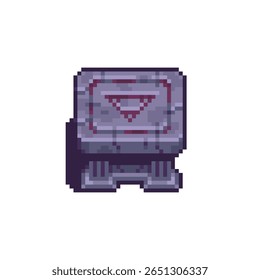 Imagem Pixel art de um altar místico de pedra com um símbolo de triângulo vermelho. Projetado para uso em interfaces RPG de fantasia ou ambientes dungeon.