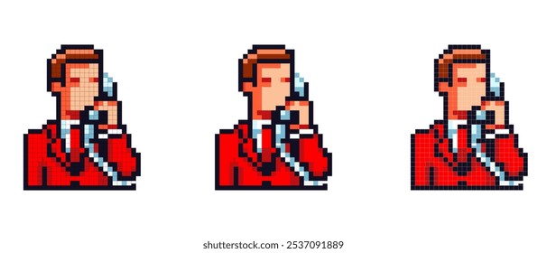 A pixel art image of a person in a red suit holding a phone to the ear with a white background