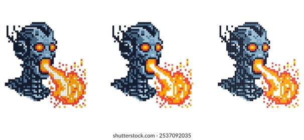 A pixel art image of a robotic head with glowing red eyes breathing fire from its mouth creating a dynamic and intense scene