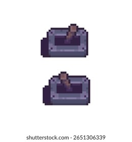 Imagem Pixel art mostrando as versões aberta e fechada de um baú de tesouro de madeira. Útil para inventários ou sistemas de saque em jogos de aventura estilo retro.
