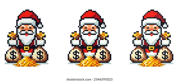 Pixel art image shows Santa Claus holding gold coins with two money bags and a pile of gold in front of him.