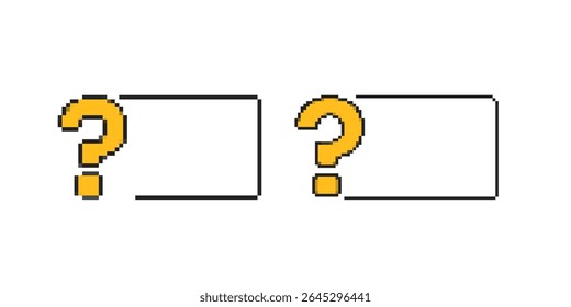 Imagem Pixel art com dois pontos de interrogação amarelos colocados dentro de caixas contornadas, simbolizando mistério ou entrada desconhecida no estilo retrô de 8 bits.