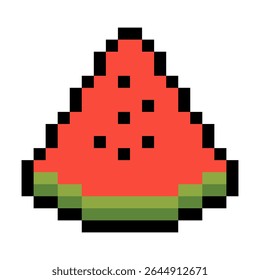 pixel art image of a watermelon. The watermelon is cut in half and has a green stem. The image is bright and colorful. design for all business