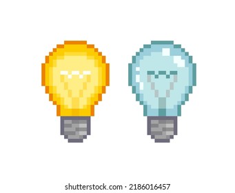 Pixel Art incandescent lamp isolated vector illustration. Pixel Light bulb . Creative idea lamp concept. On and off light bulb icon in retro 80s-90s pixel style