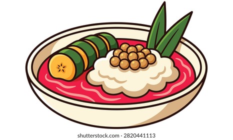 Pixel art of indonesian bubur sumsum porridge with sliced banana and palm sugar syrup topping