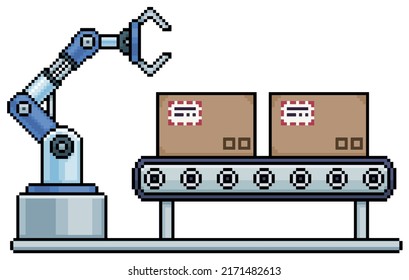 Pixel art industrial robot with conveyor belt and boxes. Production line vector icon for 8bit game on white background
