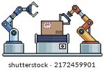 Pixel art industrial robots and conveyor belt. Factory production line vector icon for 8bit game on white background

