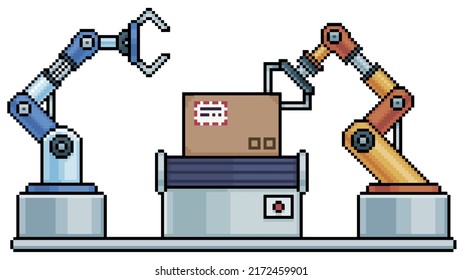 Pixel art industrial robots and conveyor belt. Factory production line vector icon for 8bit game on white background

